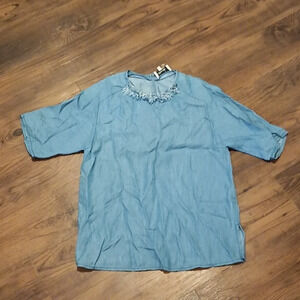 3.1 Phillip Lim Blue Denim Beaded Embellished Collar Blouse A8